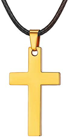 FaithHeart Herren-Halskette mit schlichtem Kreuzanhänger, Lederkette, Kettenlänge: 60 cm, Edelstahl K Gold Kreuz