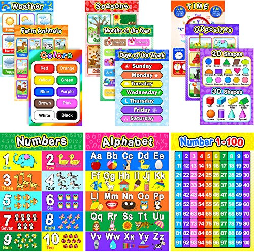 ABC Learning Posters for Kids, 12 Pcs, 16x11 in, Alphabet Numbers Colors