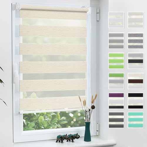 Grandekor Doppelrollo Klemmfix ohne Bohren Leinen 45x120cm(Stoffbreite 41cm) Fenster Rollos für innen Klemmrollos Duo Rollos für Fenster ohne Bohren mit Bohren Privatschutz UV-Schutz Zebrarollo
