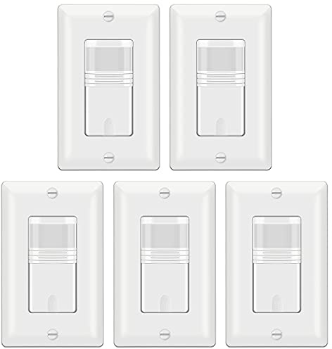 BESTTEN 5 Pack Motion Sensor Light Switch, PIR Vacancy & Occupancy, 800W 1/6 HP, 120/277V, Single Pole, Neutral Wire Required, Wallplate Included, UL Listed, White