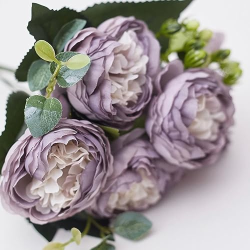 The Baked Studio - Silk Peony and Tea Rose Artificial Bouquet 9 Heads Realistic Fake Plant for DIY Craft Cake Living Room Home Wedding Decoration (LIGHT PURPLE)