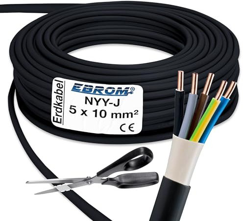 EBROM Erdkabel NYY-J 5x10 mm² - Starkstromkabel - PVC Erdleitung - schwarz - Meterware auf den Meter genau - Auswahl in 1 Meter Schritten, viele Längen - NYY-J 5x10 mm2 - Ihre Länge: 36 Meter