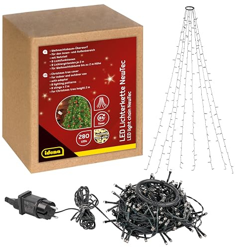 Idena 31108 - NewTec LED fairy lights para interior y exterior con 280 LED en blanco cálido, árbol de Navidad con 8 cuerdas, 8 ajustes de luz, fuente de alimentación y temporizador de 8 horas