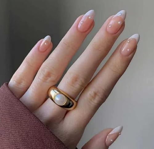JUSTOTRY 24 Stück Mandel Pearls Nägel Zum Aufkleben Kurz, Weiß French Künstliche Nägel, Glossy Nude Oval Kunstnägel Press on Nails, Acryl Fingernägel Fake Nails Kurz für Frauen