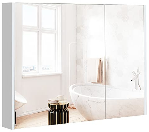 LIFEZEAL Badrumsskåp med speglar, 90 x 11 x 65cm, Väggskåp med 3 dörrar och 3 justerbara hyllor, Arrangör Hängmöbler för badrum, vardagsrum, Sovrum