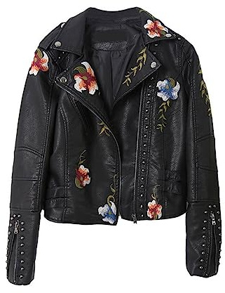 WUUISDNX Women Retro Embroidery Faux Soft Jacket Coat Turndown Collar Female PU Leather Motorcycle Biker Sleeve Punk Outerwear