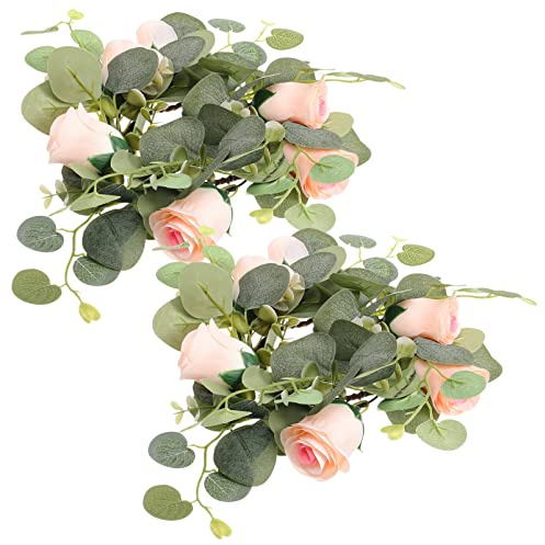Milisten 2 Stücke Kerzenringe Rose Eukalyptus Kerzenkranz Frühlingskranz Kerzen Kranz Ringe Dekokranz Weidenkranz Hochzeit Kerzenhalter für Stumpenkerzen Stabkerzen Landhaus Deko