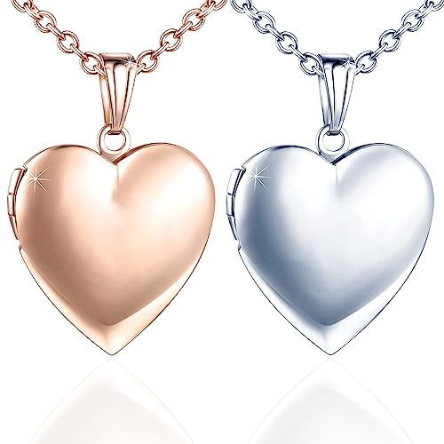 GENSMILE Collier avec pendentif d'amitié en forme de cœur avec image - 2 chaînes photo personnalisées pour filles et garçons, chaîne avec amulette photo à ouvrir, pendentif mémoire (argent + or rose)