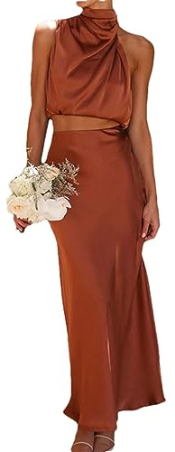 Set Di Due Pezzi Da Donna Completi Estivi Collo Alto Senza Maniche Asimmetria Top Set Di Gonne Lunghe coffee M