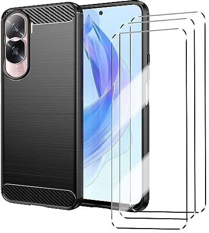 HuiYouMY [4 in 1] Case Compatible with Honor 90 Lite Cover with 3 Pack Tempered Glass Screen Protector for Honor 90 Lite, Slim Fit Soft TPU Shockproof Anti-Scratch Phone Case Cover - Black