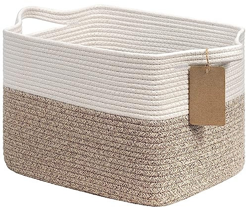 Woven Storage Basket, Cotton Rope Basket for Shelves Closet Organizer, Square Shelf Baskets for Toys, Books, Shoes, Decorative Empty Gift Baskets for Home Bathroom Decor, 33x25x22.5cm, Brown