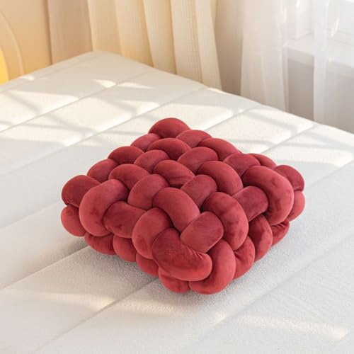 Viusneun Dekokissen Knotenkissen Kissen, Sofa Kopfkissen Knot Kissen, Handgemacht Zierkissen für Fensterbrett Boden Stuhl Wohnzimmer Schlafzimmer, 30 * 33 * 12cm (Weinrot)
