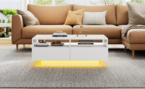 BTM Table Basse Blanche avec Éclairage LED, Table Basse Design Moderne avec 4 Tiroirs, pour Salon et Chambre, Charge 30kg, 90x55x35 cm, Blanc