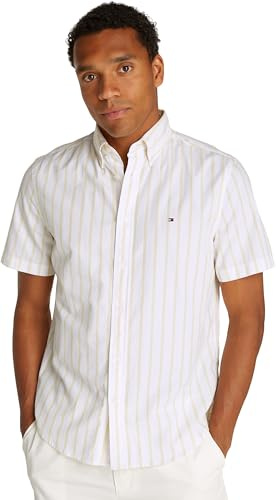 Tommy Hilfiger Men’s Short Sleeve Flex Poplin Shirt, Multicolor (Citronella/Optic White), L