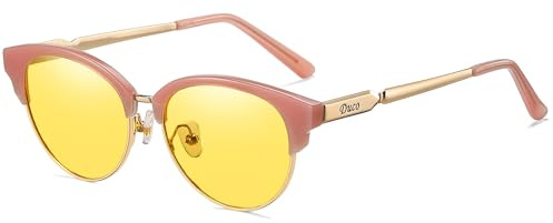 DUCO Lunettes de conduite de nuit rondes - Lunettes de conduite - Lunettes de vision nocturne polarisées - Lunettes anti-éblouissement pour hommes et femmes - Lunettes de nuit HD - Jaune - 1221Y, Rose