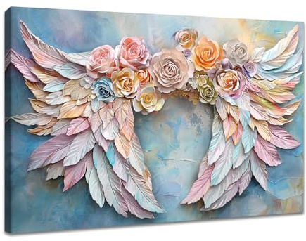 WENGTIAO Rosen Engelsflügel Leinwand Bilder Kunstdrucke Gerahmtes Bild | Bunte Flügel und Blume Malerei auf Leinwand Modern Wanddeko Wandbilder Wohnzimmer Schlafzimmer Room Decor 90x60 cm