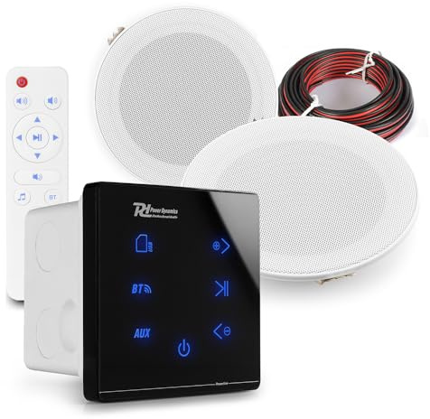 Power Dynamics 2x PD MSLP50 Marine Weatherproof Ceiling Speakers with A50B Black Wall Amplifier - Bluetooth, Outdoor, Bathroom Ceiling Speaker Kit