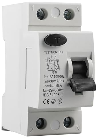 Fi Schutzschalter 16A, AC 230V 30mA C16 1P+N Fi Schalter 2 polig Sicherungsautomat 16A Leitungsschutzschalter Fehlerstromschutzschalter, mit Auslaufschutz Überlastschutz
