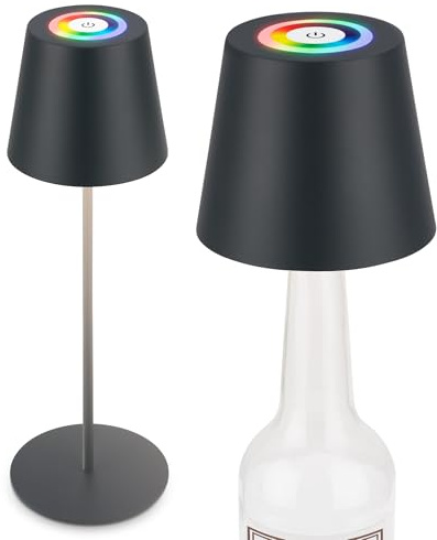 BRILONER - 3 in 1 RGBW LED Tischlampe kabellos IP44 mit Touch, stufenlos dimmbar, Akku & Lichtquelle tauschbar, Nachttischlampe, LED Lampe, Weinlampe, Flaschenlampe Aufsatz, 36x10,5 cm, Anthrazit