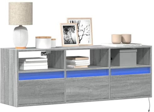 Gecheer Meuble TV mural avec lumières LED Gris Sonoma 130 x 31 x 45 cm, meuble TV suspendu, meuble TV suspendu, étagère murale équipée, armoire murale pour TV, L852346