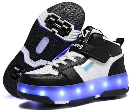 Hiseng Chaussure Roller Fille, Basket Roller pour Enfan Chaussure a Roulette Garcon Chaussure a Roulette Fille Garçons Chaussures 4 Roller Roues Basket a Roulette Adolescents pour Extérieur 28-41EU