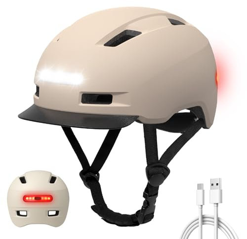 Shinmax Fahrradhelm Herren Damen, Helm Fahrrad mit USB Licht 5 Modi Fahrradhelm mit Visier, Mountainbike Helm Rennradhelm Erwachsen für Scooter Urban Pendler White-Gray L