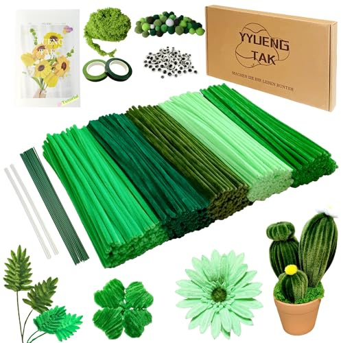 YYUENGTAK 500 Stück Pfeifenreiniger Grün（5-Farben-Verlauf）,Pfeifenputzer zum Basteln Blumen mit（Blumendrähte,Pompons,Grünes Garn，Wackelaugen)，Chenilledraht für DIY handwerksprojekte，Pipe Cleaner set