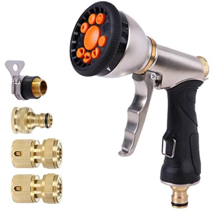 Pistola Acqua Giardino con 9 Modalità Regolabili, Spruzzo Irrigazione Metallo con 4 Connettori, Spruzzatore Doccia, Strumenti Irrigare per Prato, Lavaggio Auto, Pet Balneazione, Pulizia Marciapiede