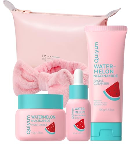 QUIYUM Set di Cura della Pelle al Niacinamide con Anguria, Set da 4 Pezzi per Donne e Adolescenti con Detergente, Siero, Crema Idratante e Fascia, Routine Glow Up