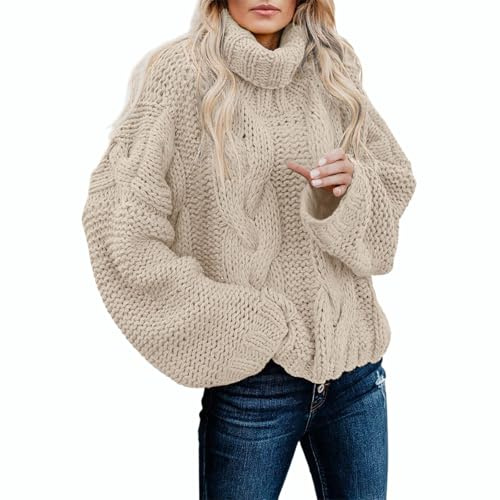 Womens Turtleneck Sweater Cable Knit Jumpers Baggy Long Sleeve Tops Oversized Pullover Sweatshirts Thermal Warm Slouchy Jumper for Ladies Chunky Baggy Jumper Autumn Winter Clothes Khaki