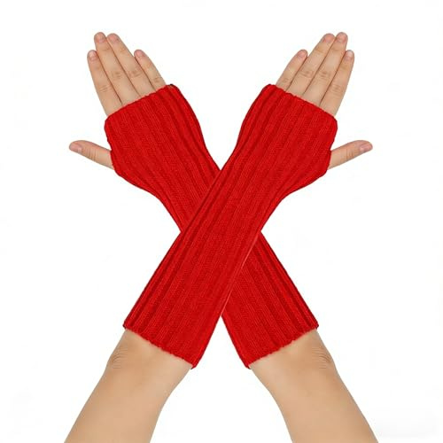 LSYZHX Knitted Wrist Warmers Womens, Knitted Fingerless Gloves, Winter Thumbhole Gloves for Women (RED)