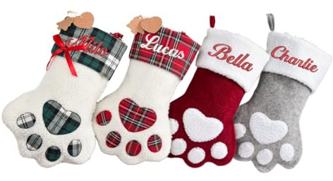 Personalised Christmas Stocking Large Pet Paw, Custom Embroidered Name Dog Cats Plaid Holiday Decor Home