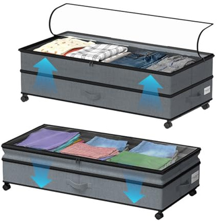 GAESHOW 2 Pezzi Contenitori Sottoletto con Ruote, Cassetti Sotto Letto con Telaio in Metallo e Ruote Girevoli a 360°, Altezza Regolabile, per Vestiti, Scarpe e Giocattoli