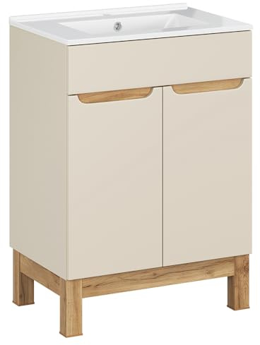 Lomadox Badezimmer Waschtisch 60 cm in Kaschmir und Eiche mit eingelassenem Waschbecken, stehend, modern, grfflos
