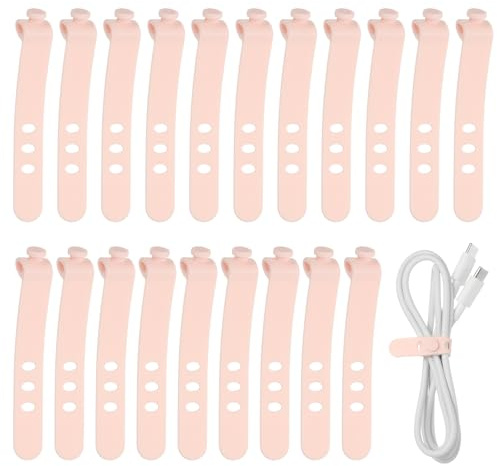 sourcing map 20Pcs Silicone Cable Ties, 3 Hole Reusable Rubber Cord Tie Adjustable Elastic Cord Wraps with Locking Buckle, Multi Purpose Cable Strap for Home Office Travel Wires, Pink