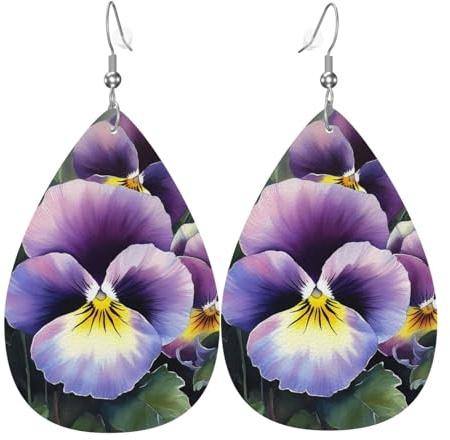 Leather Teardrop Earrings For Women, Pansy Perfection Lightweight Dangle Earrings Fashion Jewelry Gifts For Women Ladies