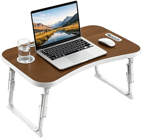 MeisterPro Laptop Table Height Adjustable, Foldable Bed Desk with Cup Holder & Phone Slot, Portable Lap Tray for Working, Eating, and Reading, 60 x 40 x 25-31 cm (Brown)