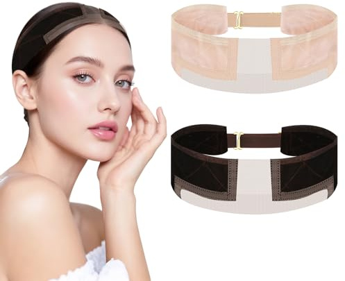 2PCS Adjustable Wig Grip Headband, Non-slip Velvet Elastic Wig Band for Women Invisible Headband Lace Front Band Comfortable Breathable for Any Head Size (Beige+Dark Brown)