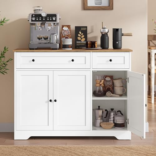 VASAGLE Collection - Storage Cabinet, Farmhouse Buffet Cabinet with 2 Drawers and Adjustable Shelves, 3 Doors, Sideboard, Coffee Bar, 40 x 107 x 80 cm, Cloud White SIREN LSC531WH01