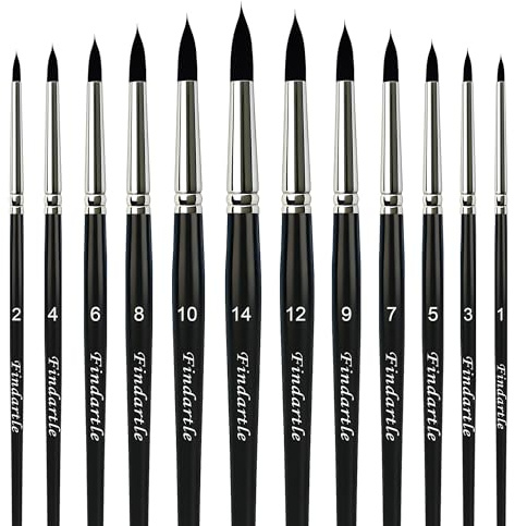 Findartle Pinceles Redondo Acuarela, 12 Pinceles Redondo con Punta Afilada para Acuarela, acrílico, óleo, Gouache, Pincel artístico para Detalle, témpera, decoración,Pintura Facial (Negro)