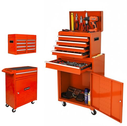 ELIHGTBY Profi Werkstattwagen mit 5 Schubladen auf Rädern – Mobiler Werkzeugwagen leer als Robustes Ordnungssystem – Stabiler Werkzeugschrank für Garage & Werkstatt – Orange