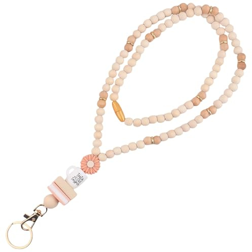 Daisy Wood Beaded Teacher Lanyard, 22 Inch Boho Cute Wooden Bead Lanyard Chain, Silicone Beads Lanyards for Keys for Women's ID Badges, Keys and Cards