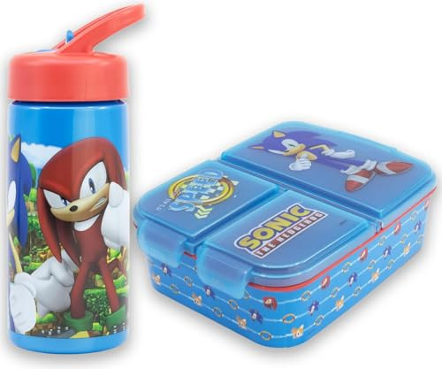 MARUKATSU Sonic Set Sandwichera Infantil con Compartimentos y Botella 410ml para Niños y Niñas | Fiambrera Escolar + Botella Reutilizable |