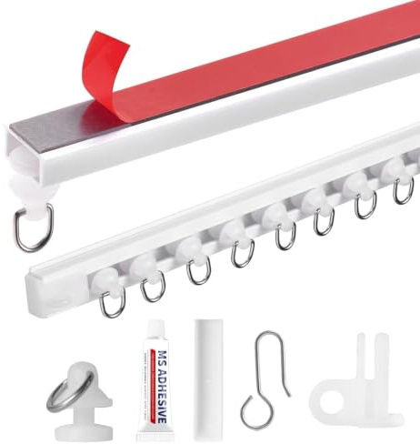3 Meter Weiße Vorhangschiene Selbstklebend Verbindbar Stabil Curtain Rail | Einfache Gardinenschiene Ohne Bohren, Montagefertige Vorhangschiene Deckenmontage Mit Zubehör zum Einbau an Fenster Schränken