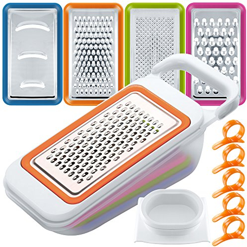 Trituradoras Verduras Frutas Set con Cáscaras Naranja, FineGood 4 Packs Multifuncional Spiralizer Dicer Cutter Chopper Rallador Contenedor para la Cocina, 5 Removedores piel Cítricos