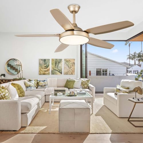 Morpholife 52 Gold Ceiling Fan with Lights Remote Control, Modern Champagne LED Chandelier Fan Light Kit, Indoor Farmhouse Rustic Ceiling Fan with 5 Abs Blades for Living Room, Bedroom