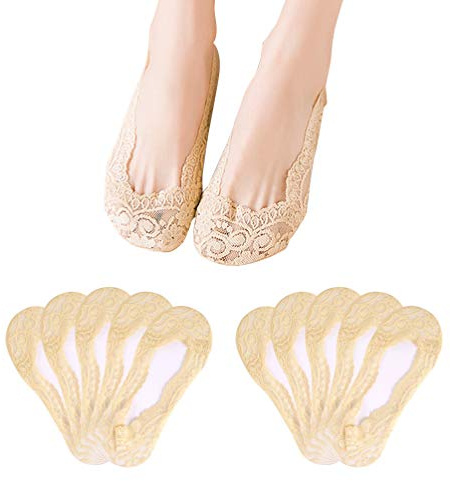 FEPITO 10 Pairs Women No Show Lace Boat Socks Non slip Ankle Socks Low Cut Liner Invisible Socks for Sneaker Loafers（Skin Color）