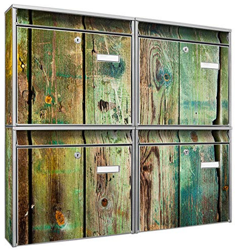 banjado Briefkastenanlage 4 Fach - Postkästen groß - verzinkter Stahl Silber DIN A4 Motiv Grünes Holz - Briefkasten Set 4 Briefkästen Namensschild, 2 Schlüssel, Montagematerial
