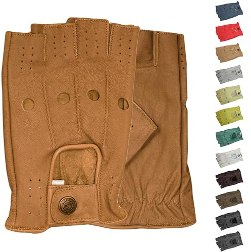 German Wear Driving Halbfinger Fingerlose Autofahrer-Handschuhe Lederhandschuhe (Karamell, 9=L)