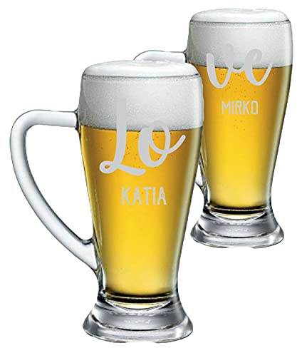 Colorfamily Coppia Boccali da birra Personalizzati Set da 2 Boccali da birra personalizzati con nome Love - bicchiere in vetro 38 cl